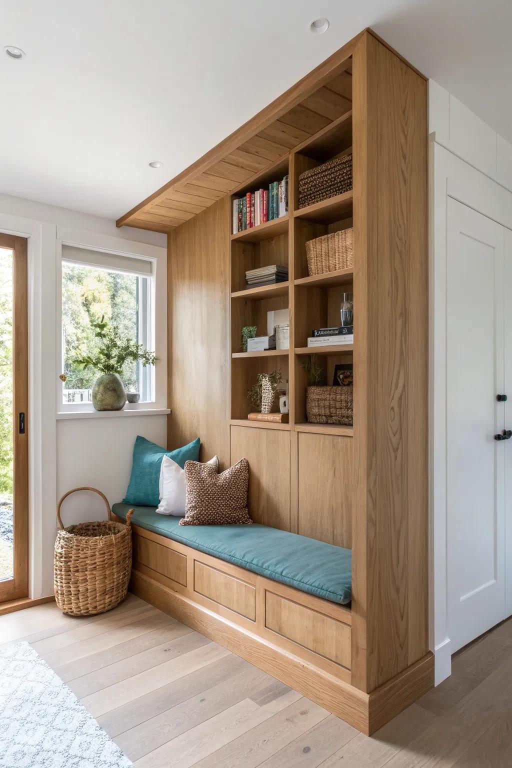Wraparound oak panels turn a blank corner into a built‑in reading nook with warm contrast.