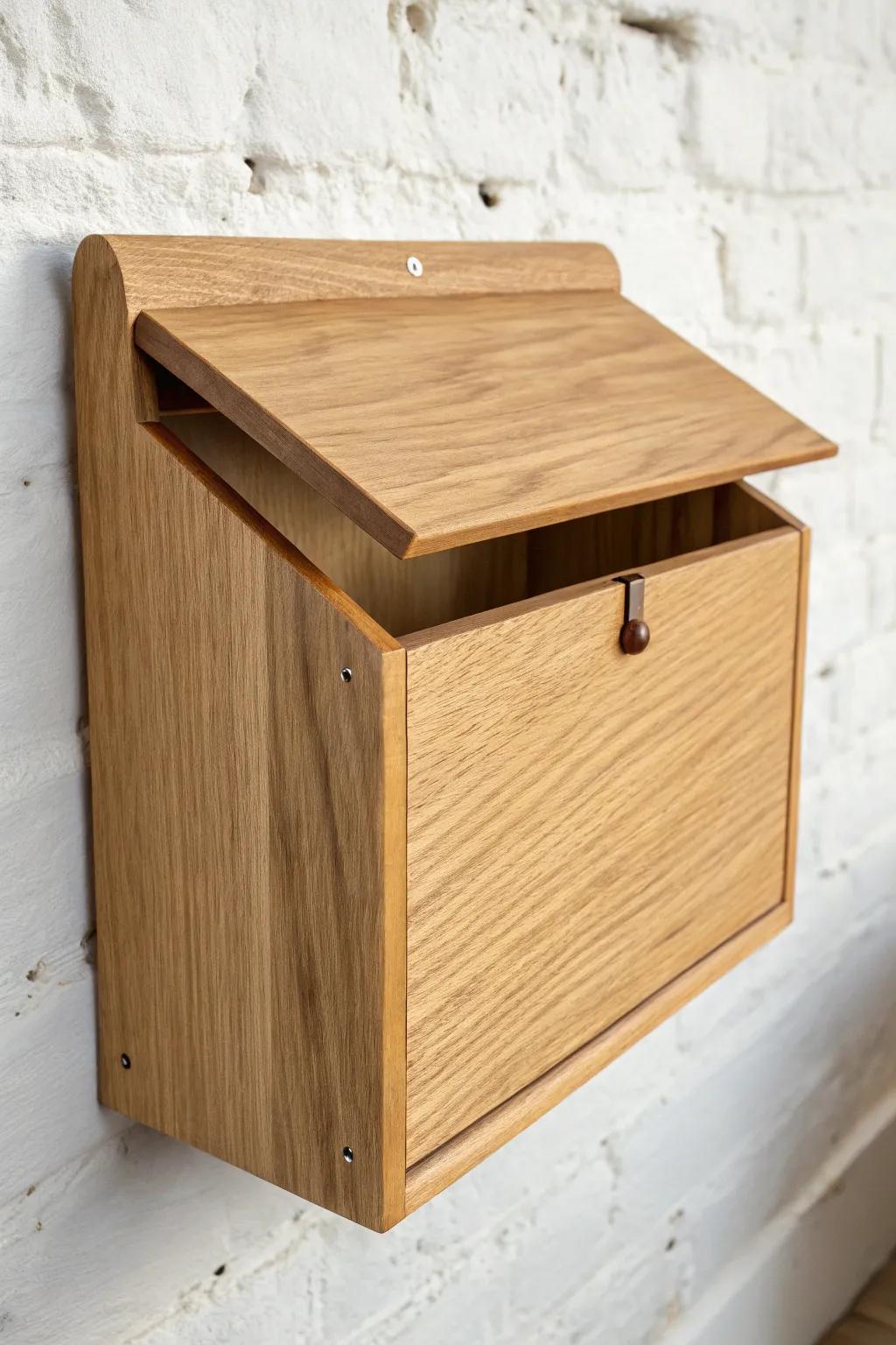 A minimalist wall-mounted wooden mail box with lid—beautiful, tidy storage for papers.