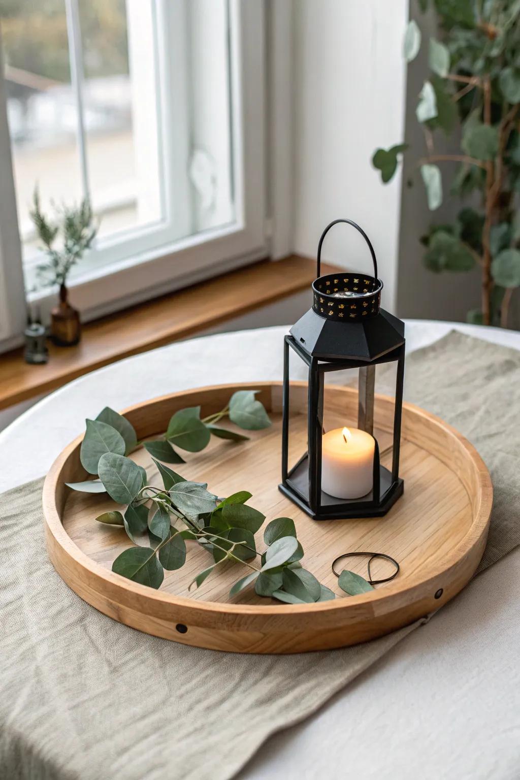 Mini lantern in a wooden tray with eucalyptus—simple, cozy, and effortlessly intentional.
