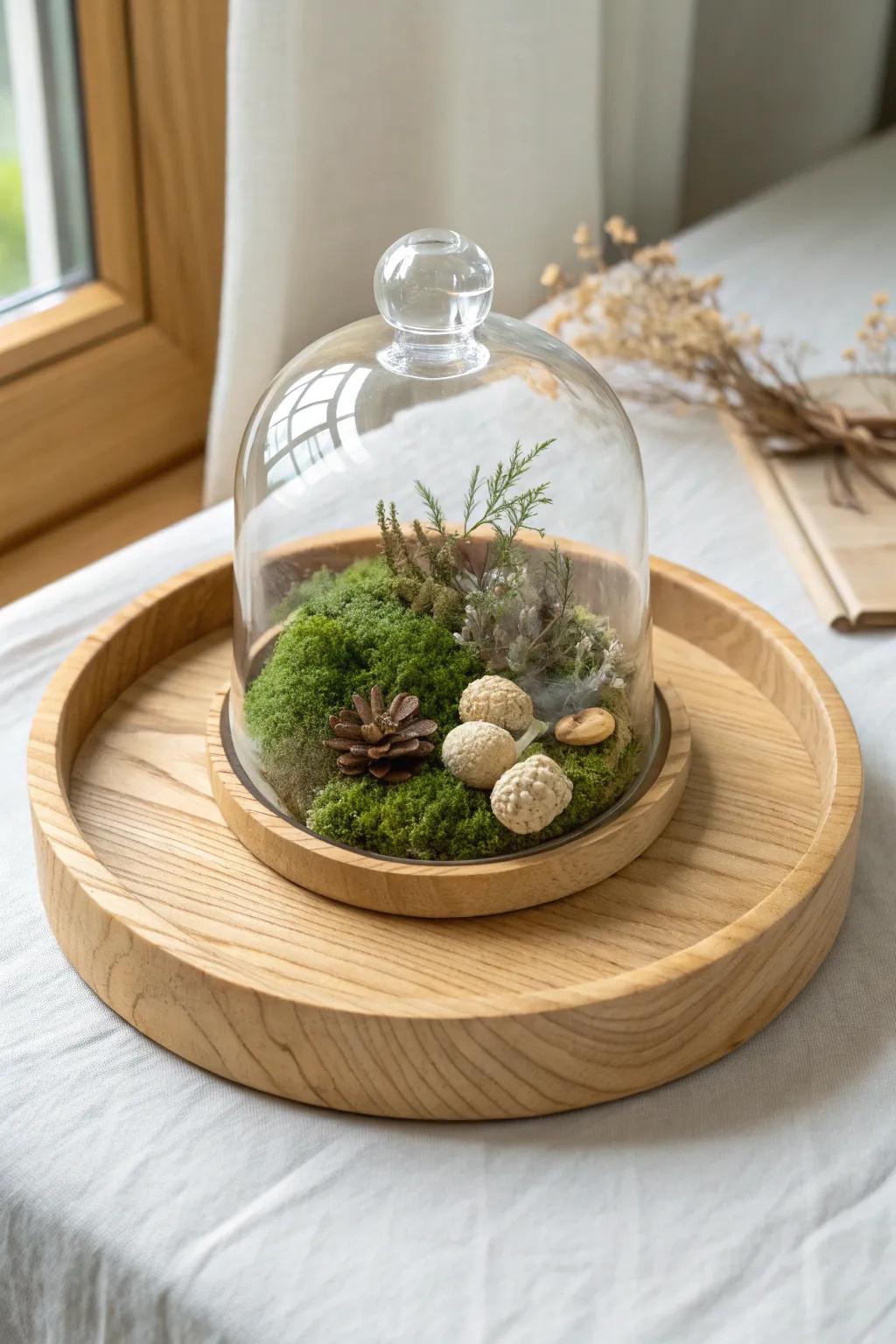 Museum‑vibe wooden tray: a glass cloche over moss and botanicals for instant wow.