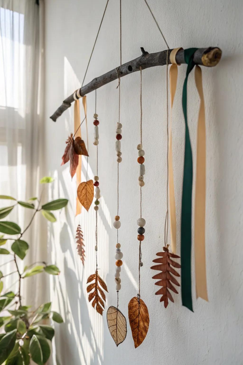 Airy twig mobile with beads, dried leaves & linen—soft woodland texture for calm, cozy rooms.