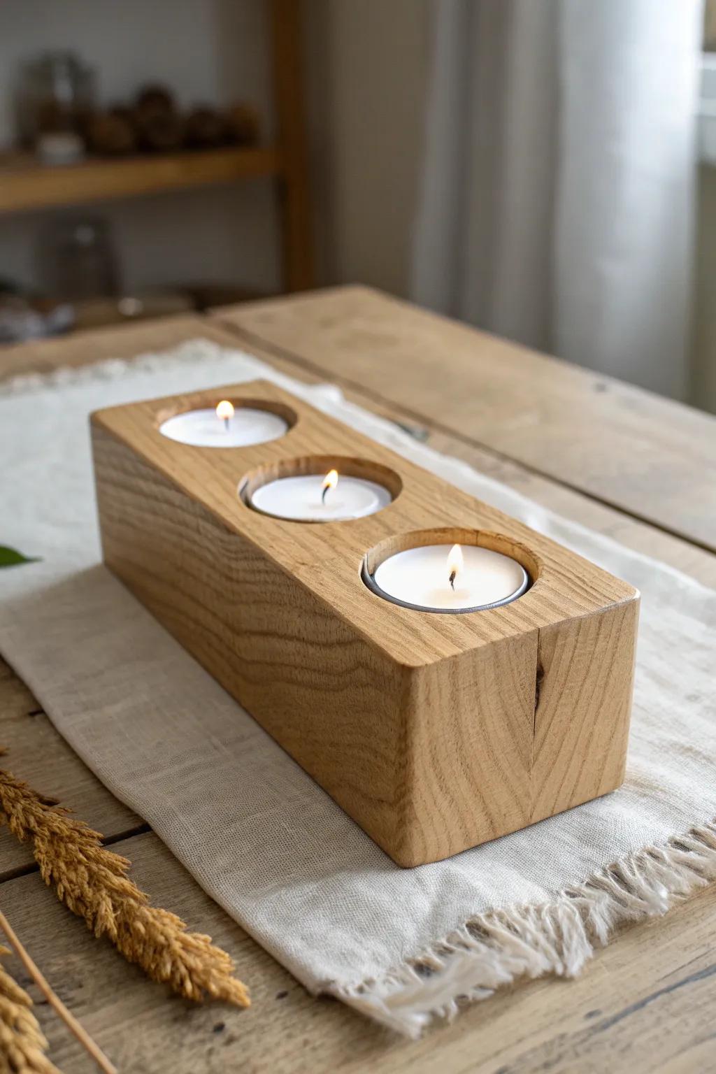 Simple oak tea light block—three perfectly drilled recesses, beveled edges, and warm minimalist charm.