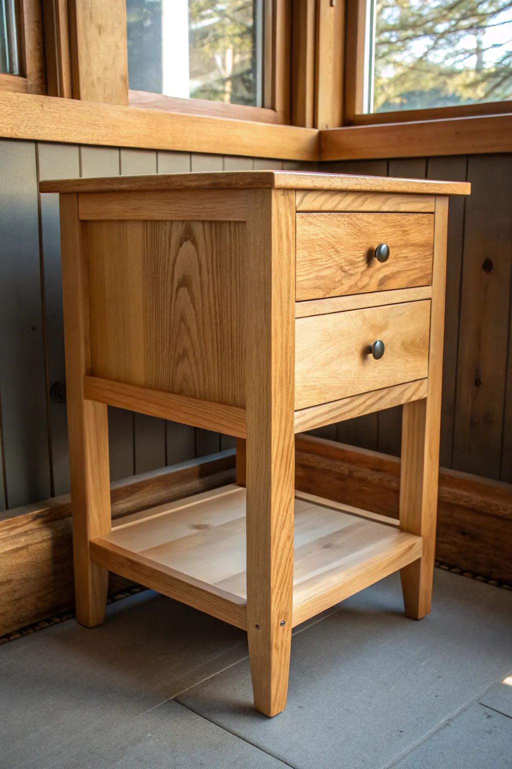 A rustic nightstand with exposed joinery—Shaker simplicity for a cozy woodsy bedroom.