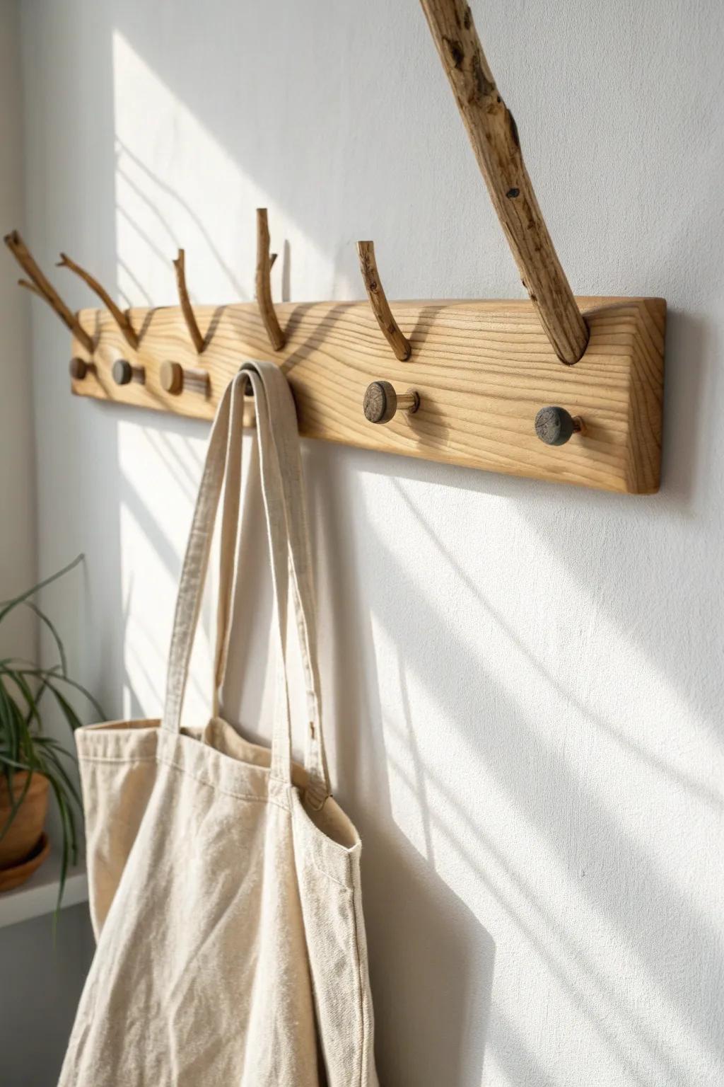 Branch-peg rail with cozy cabin charm—simple, sculptural, and beautifully functional.