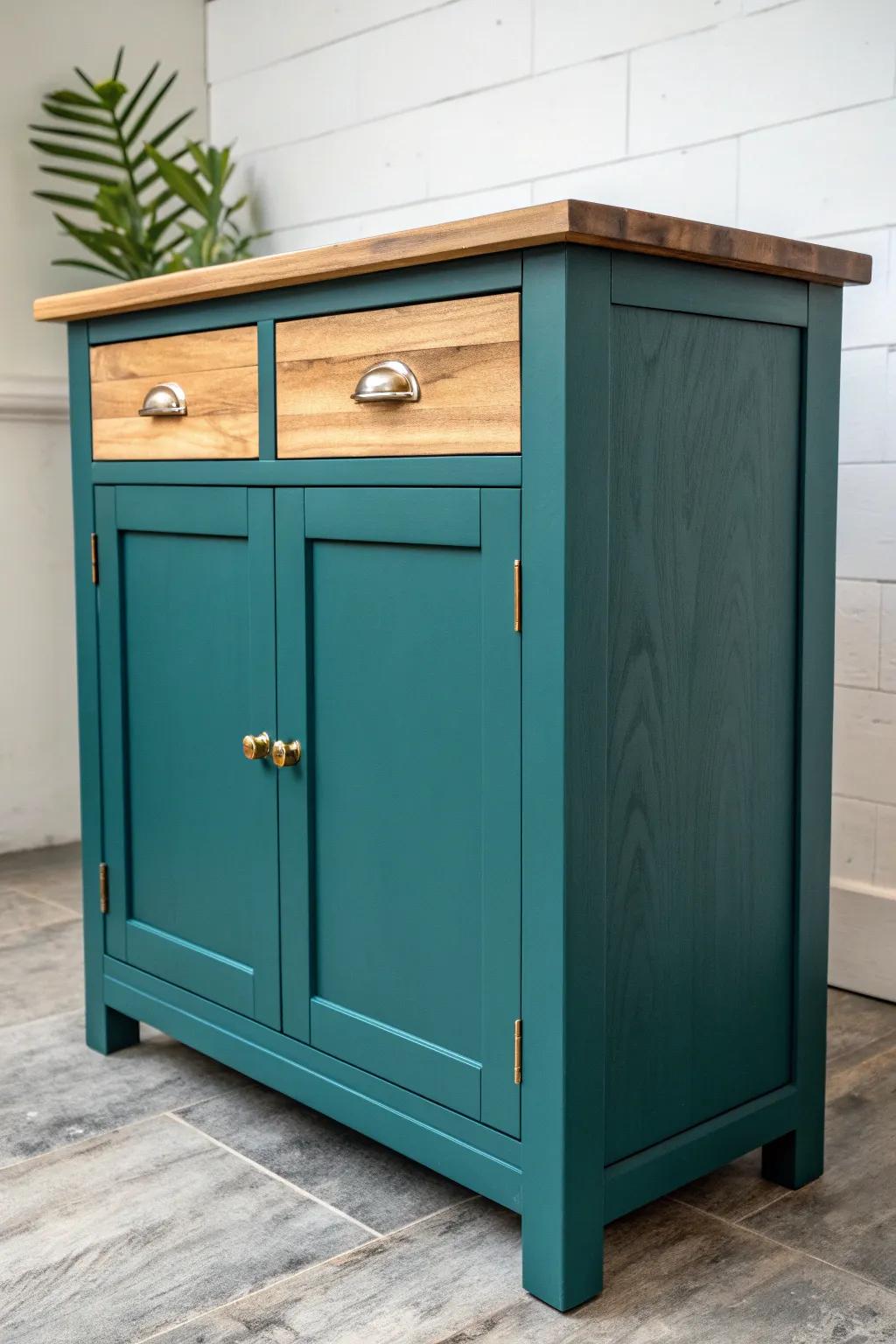 Upcycled kitchen cabinet turned workshop hero—fresh paint, new fronts, and a tough oak top.