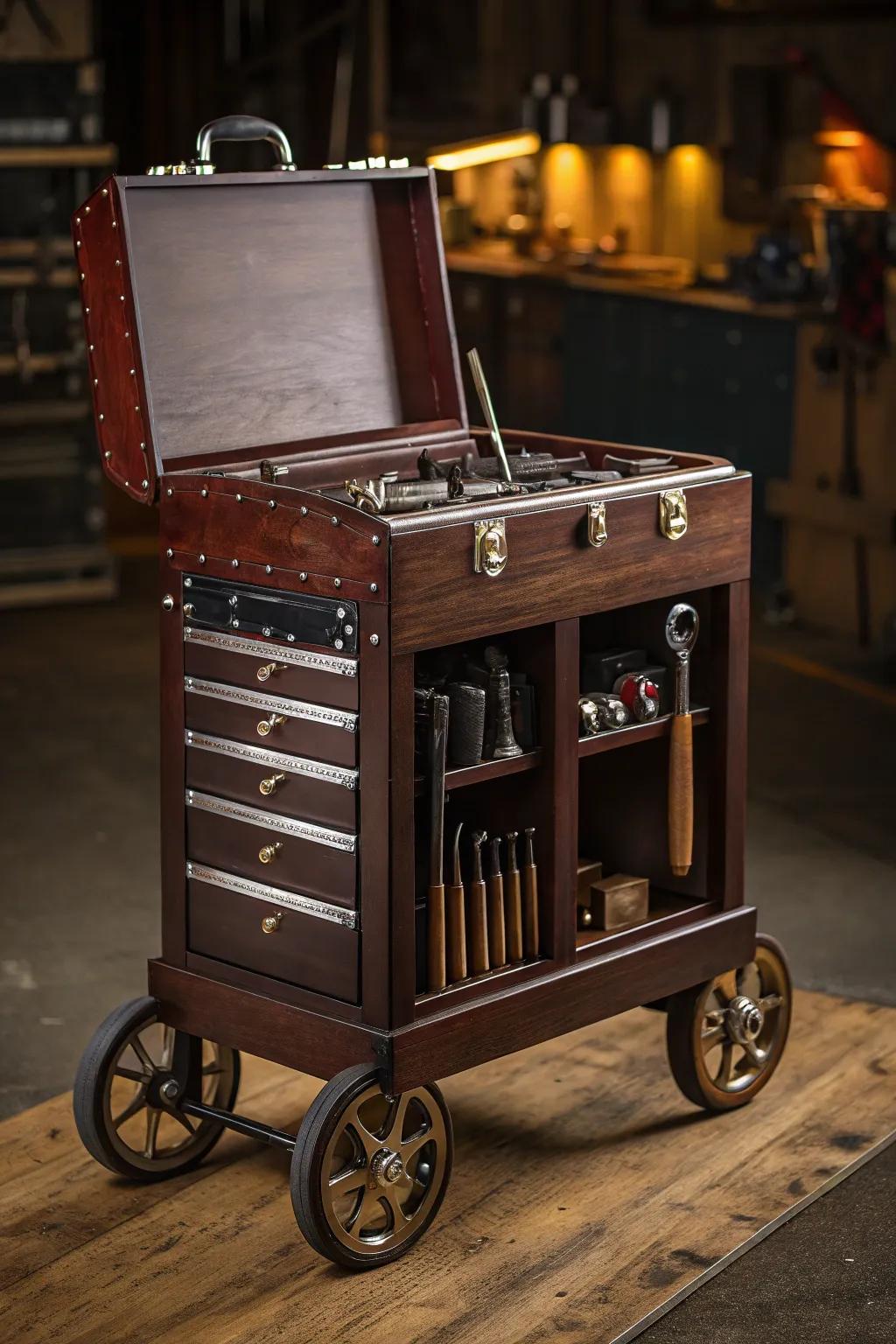 Elevate your workspace with a portable tool cart that combines vintage charm with modern functionality.