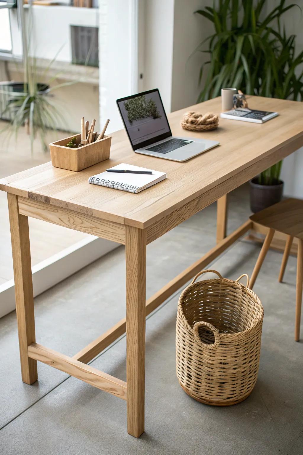 A long shared workstation with a smart center spine—beautiful, tidy, and made for two.