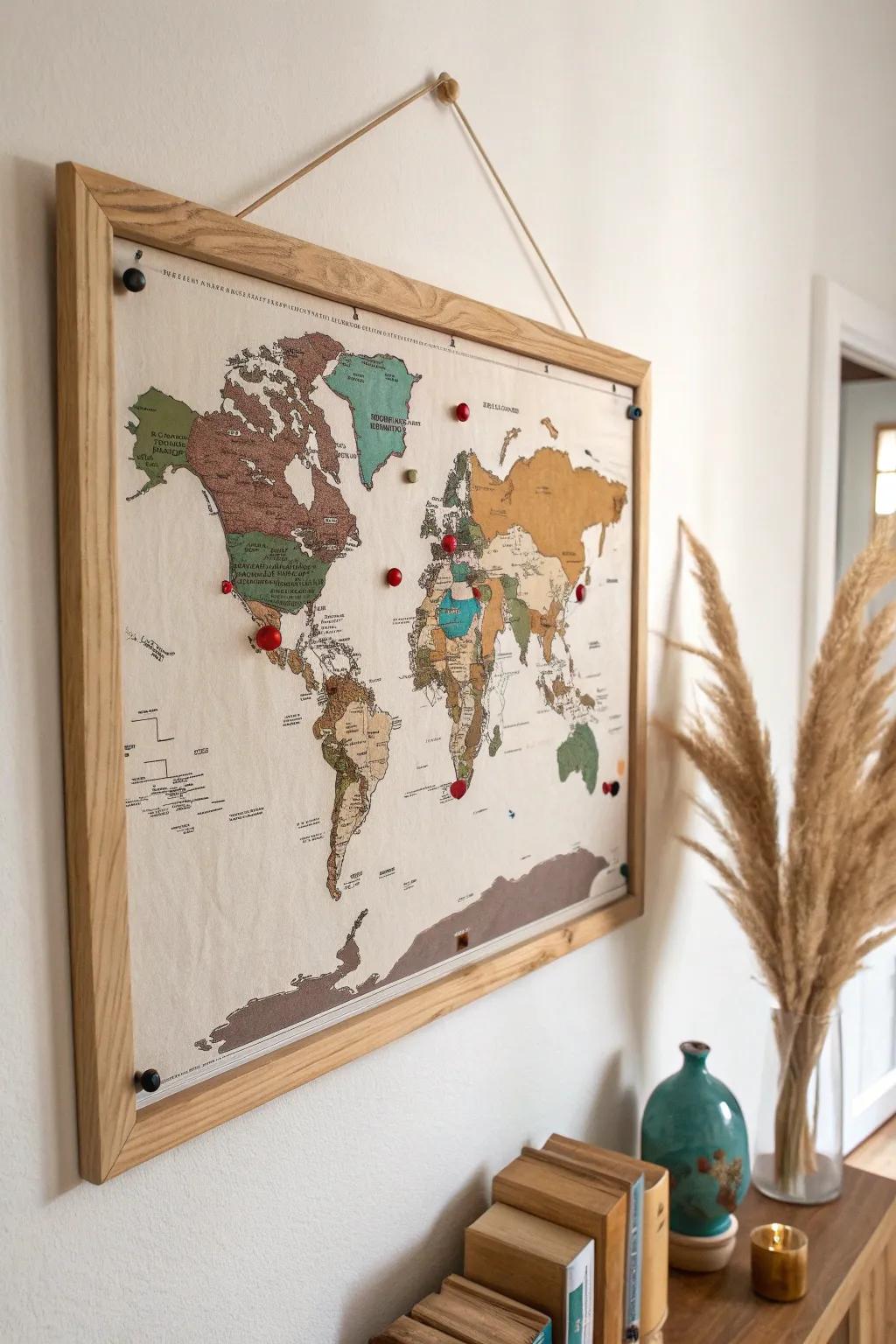 A sleek world map bulletin board—hidden steel backing makes it magnetic and hole-free.