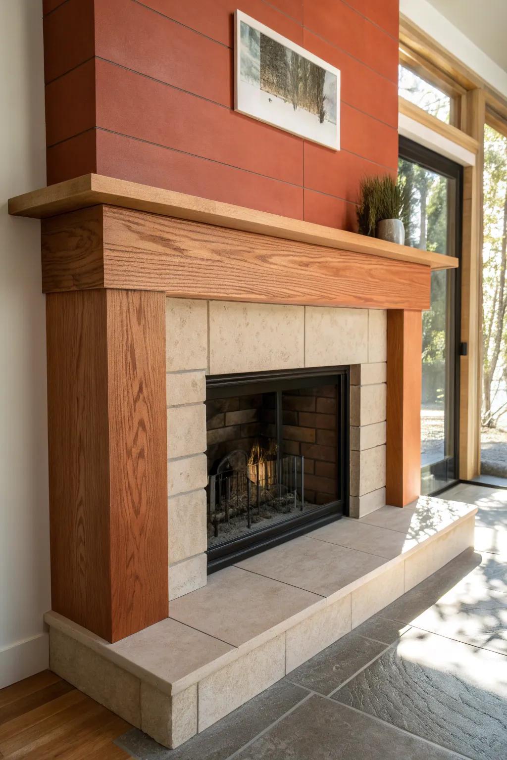 Waterfall wrap-around mantel: continuous oak grain framing the fireplace in bold modern style.