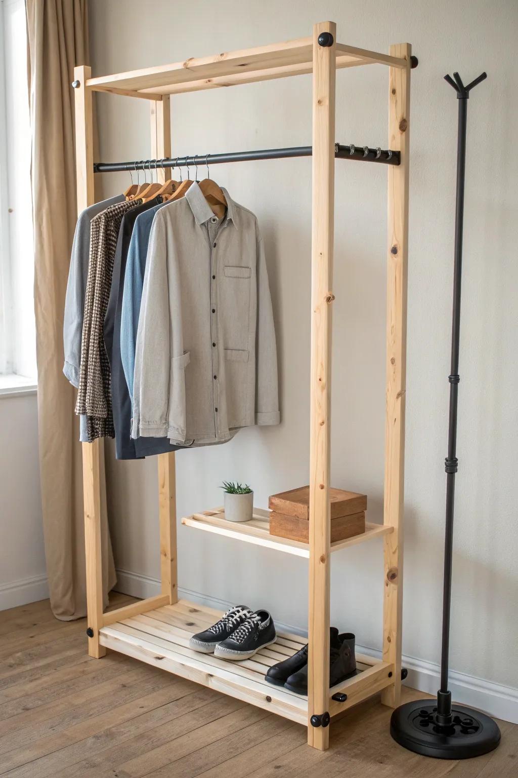 Mixed wood dowel + black pipe rod for an easy rustic-meets-industrial 2x4 closet upgrade.