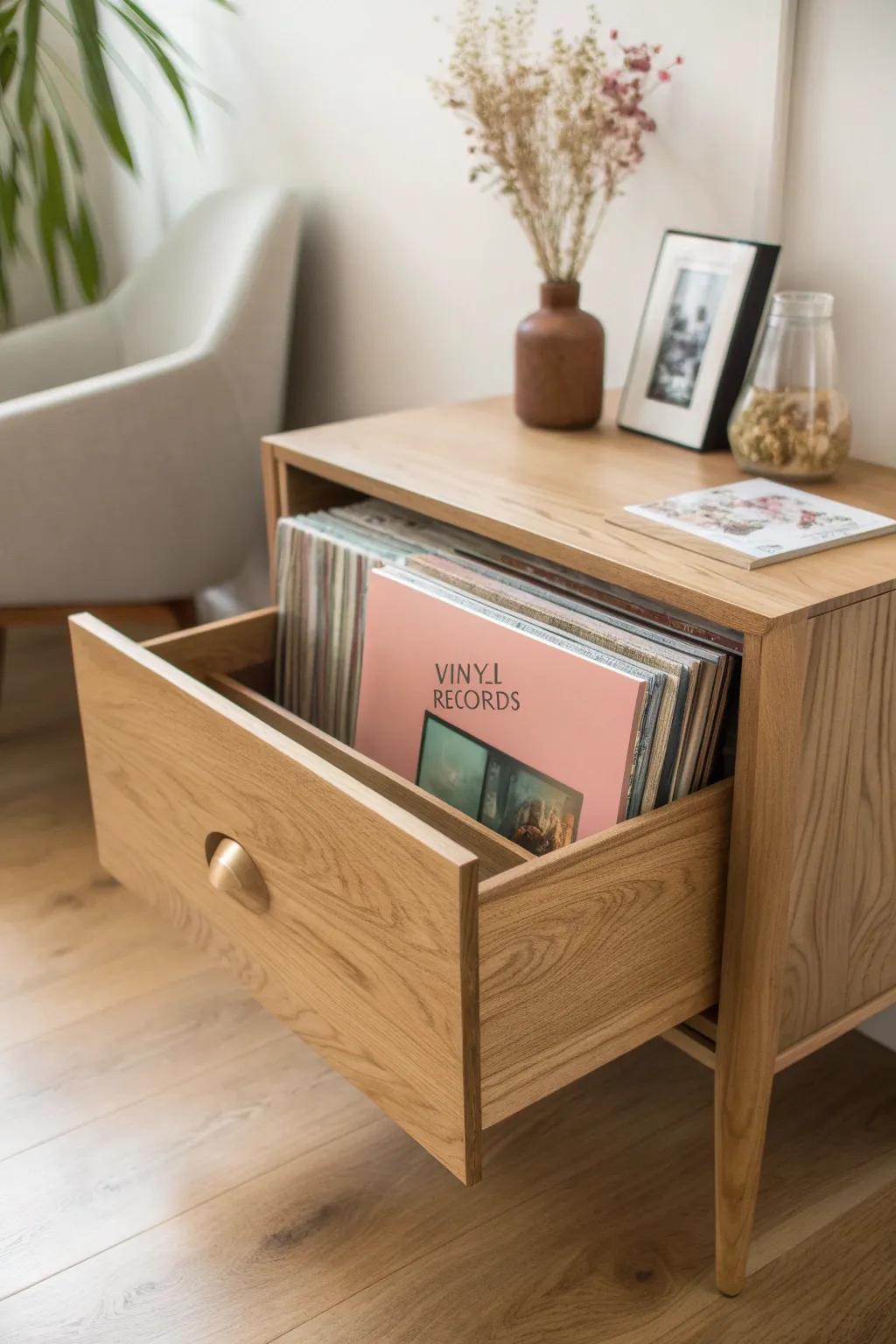 Deep drawer record storage with vertical dividers—flip through albums upright, beautifully.