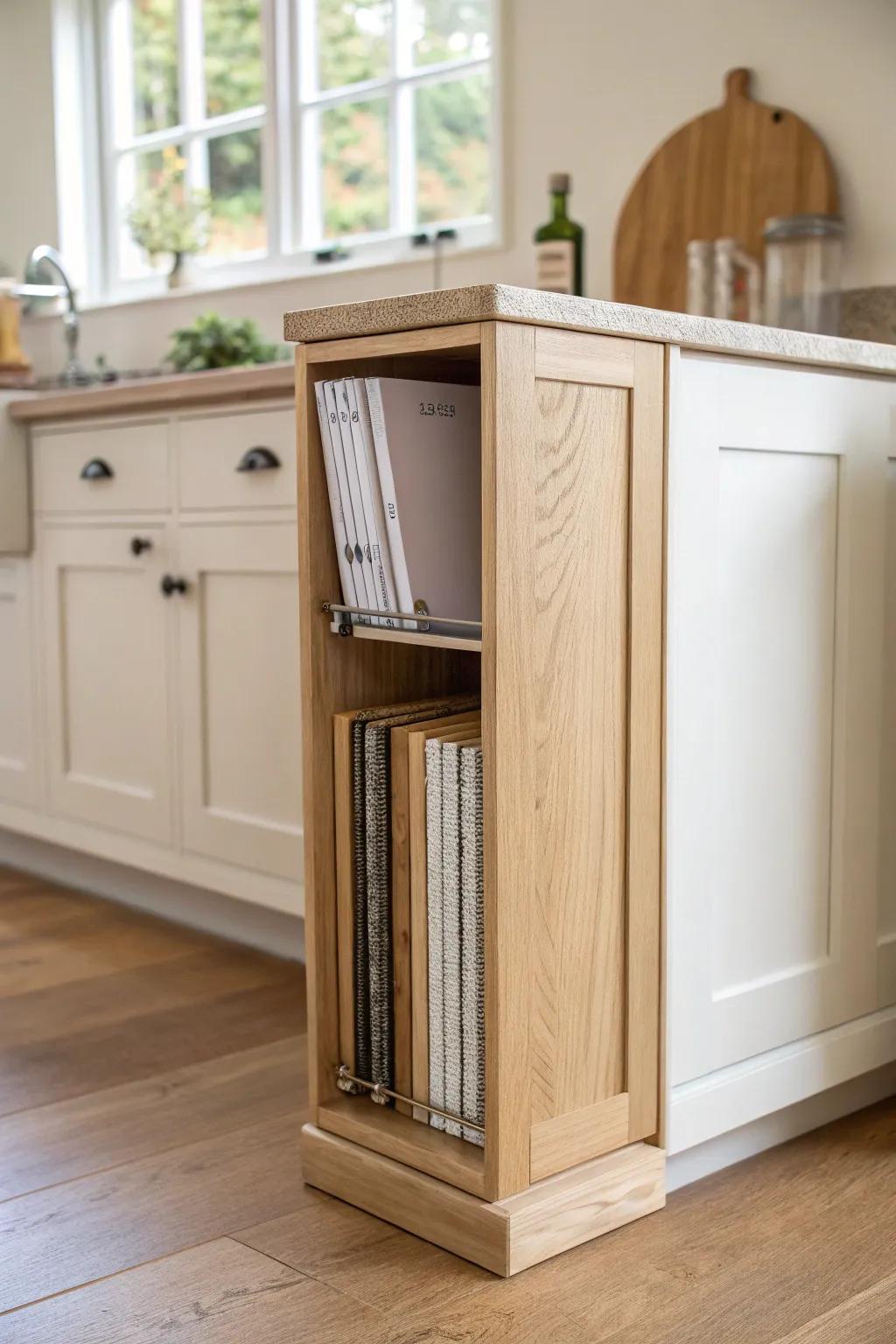 A slim 9-inch cabinet slot that stores a recipe binder and protects your tablet with cork lining.