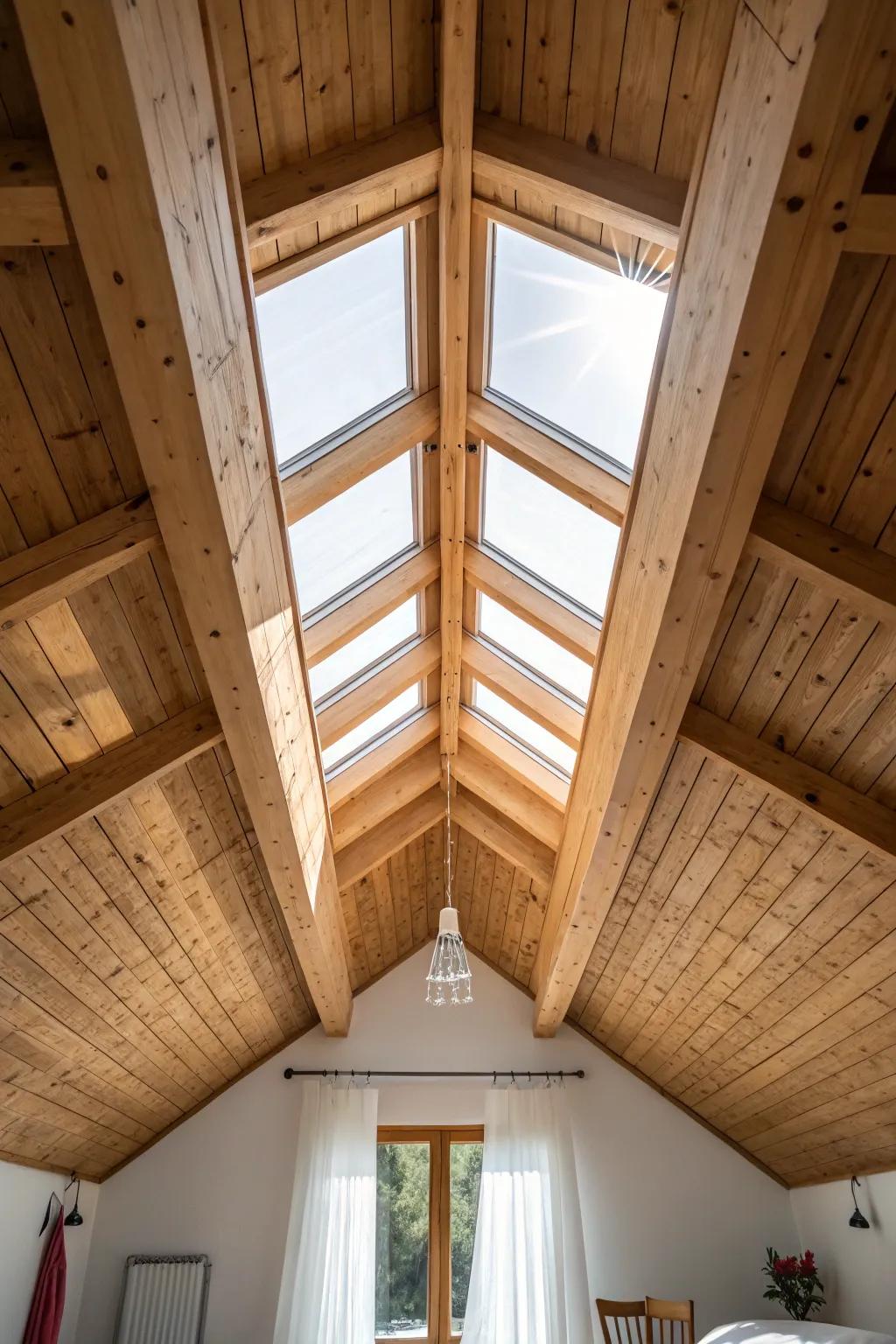Skylight tucked between rafters—sunbeams that make the A-frame wood grain glow.