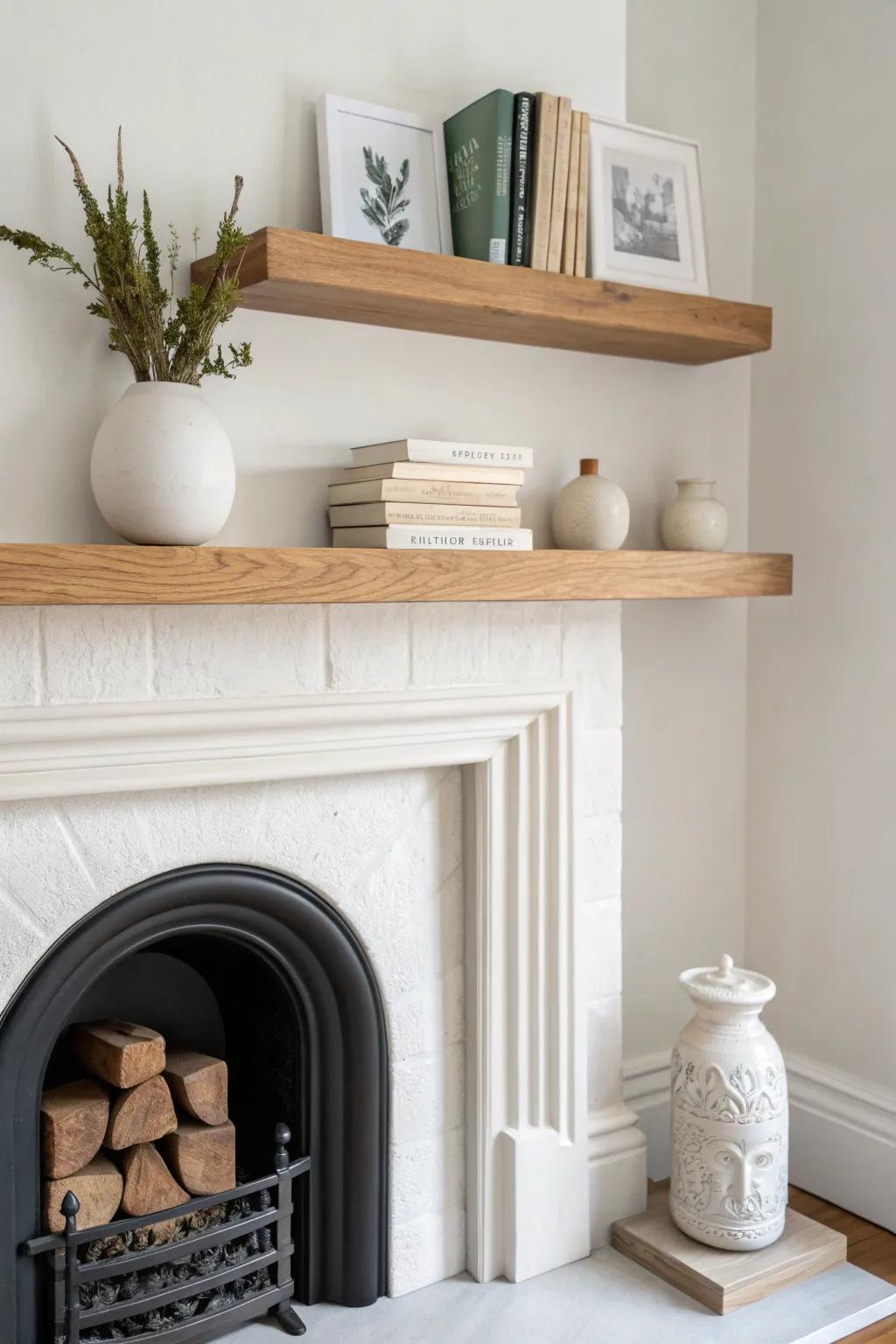 Mini floating shelves flanking the fireplace add height—style with books, pottery, and one sculpture.