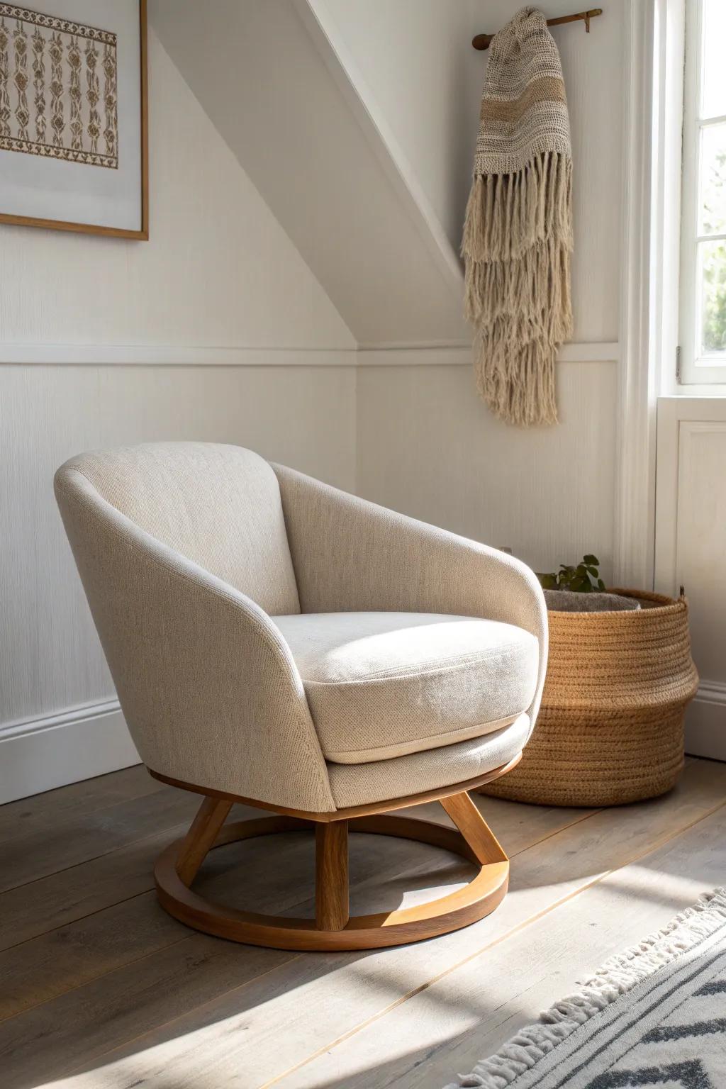 A bedroom swivel chair in light oak and linen—minimal, cozy, and flexible from light to dresser.