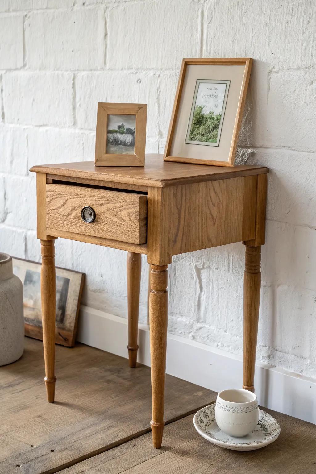 Vintage drawer turned accent table—warm wood, slim legs, and an easy layered tabletop moment.