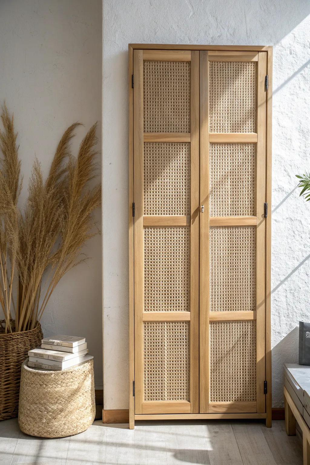 Light oak accordion door with cane webbing—an airy, vintage detail that feels custom-made.