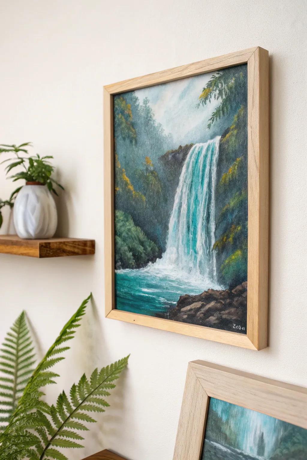Dive into serenity with this whimsical waterfall painting, where artistry meets nature's elegance.