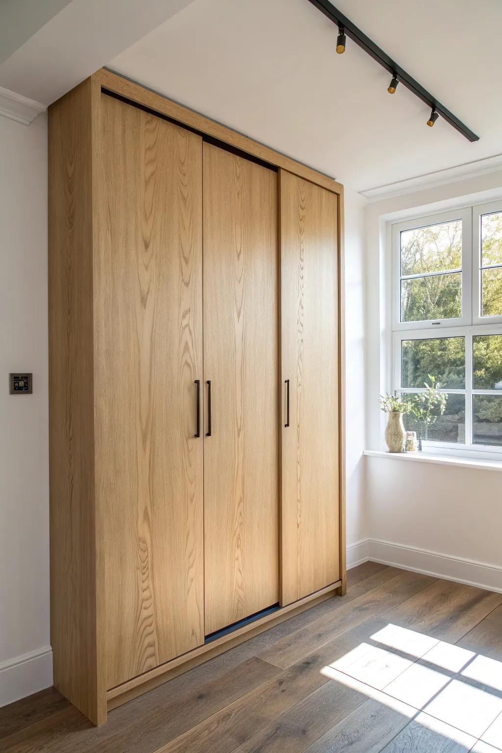 Light oak sliding-door alcove wardrobe—clean, modern storage for bedrooms with tight clearances.