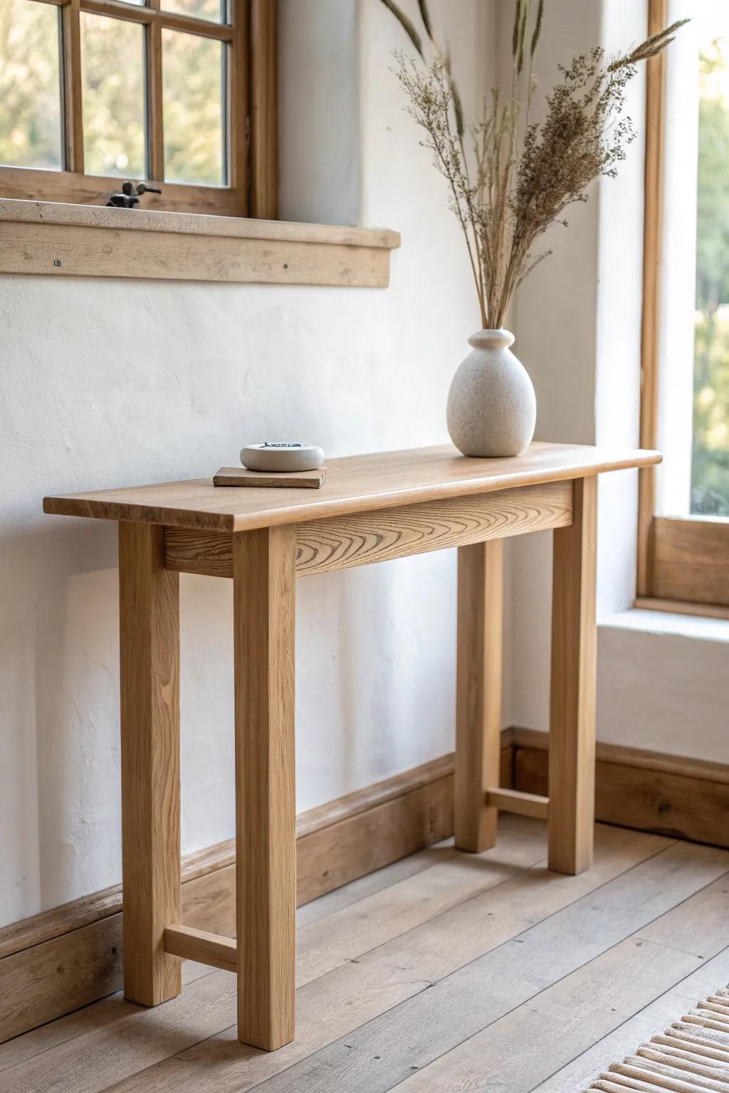 Minimalist zen altar table in light oak—clean lines, hidden joinery, calm focus.