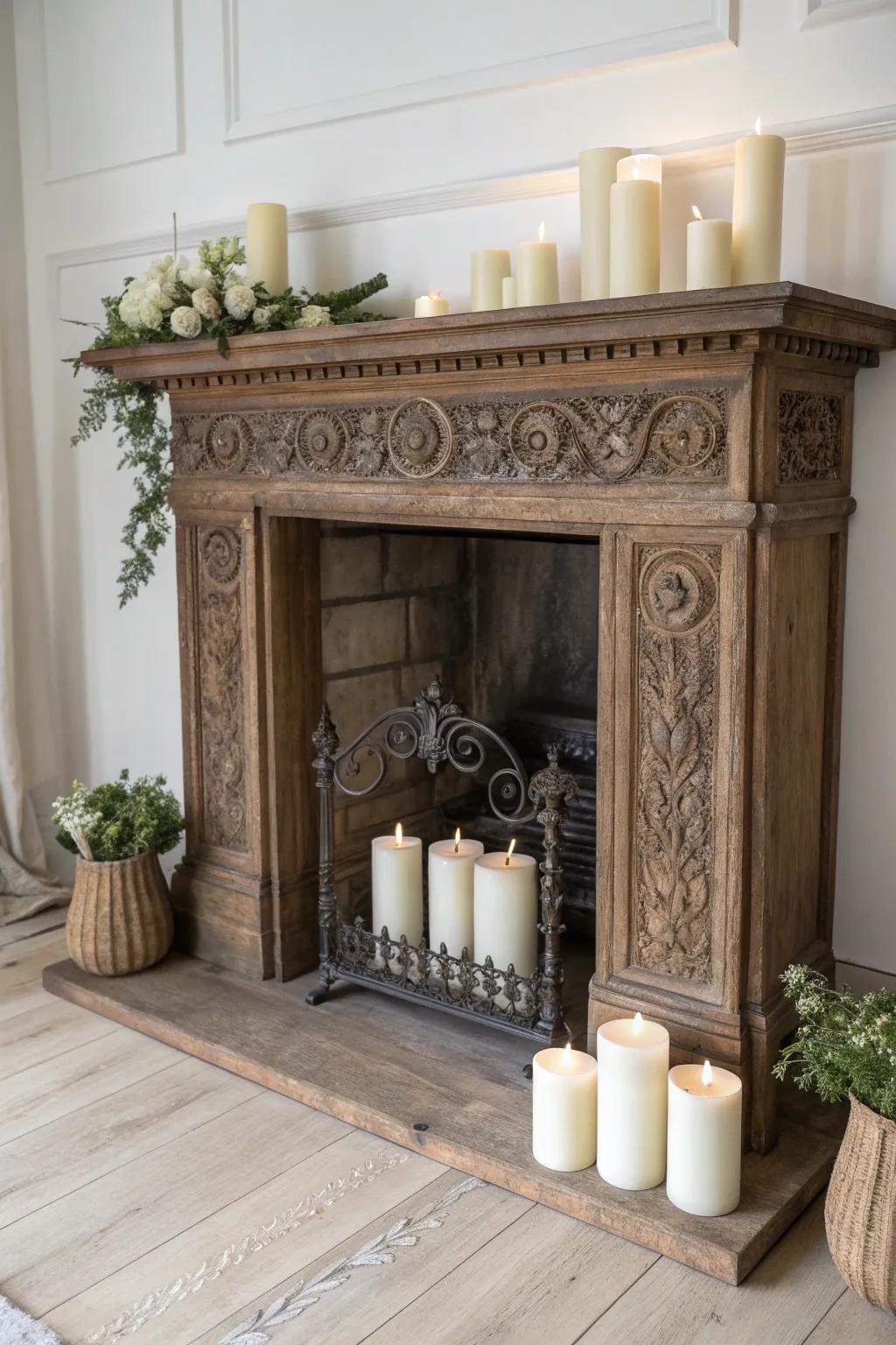 Antique mantel glow: a vintage grate filled with chunky pillar candles for instant warmth.