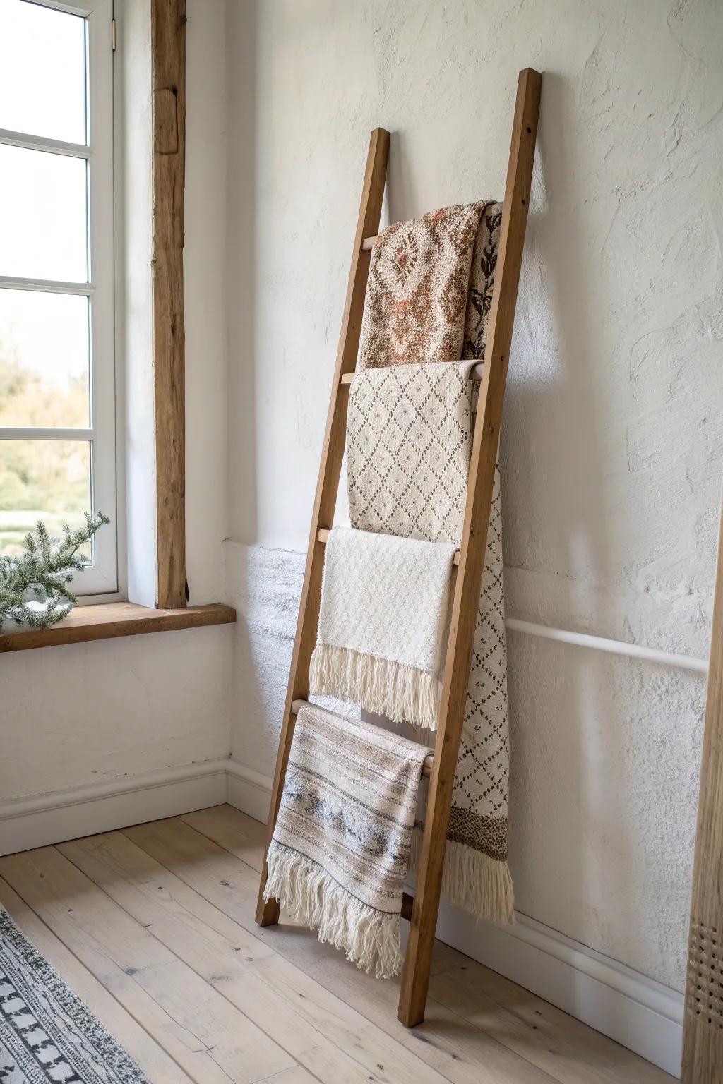 Cozy antique-shop display: staggered vintage quilts on a handcrafted wooden blanket ladder.
