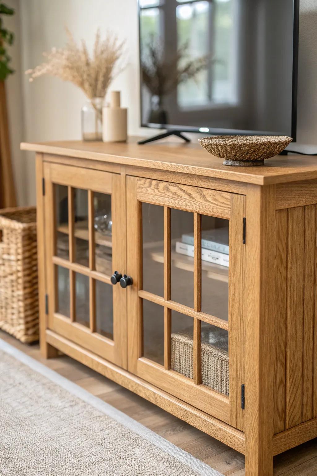 Window-mullion cabinet doors with seeded glass: antique charm that neatly hides TV electronics.