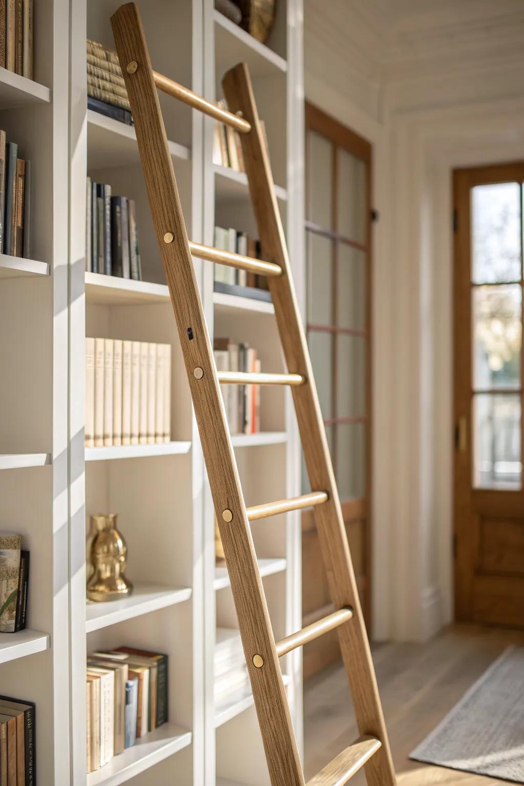 A slim oak ladder on a brass rail—classic charm and easy access to every top shelf.