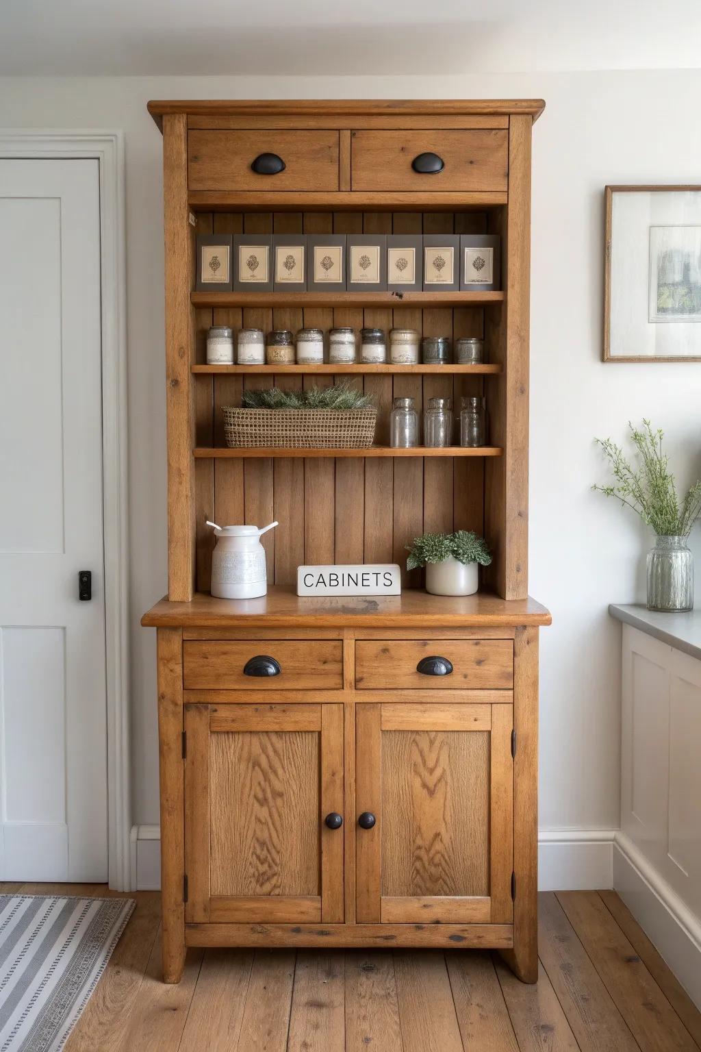 Reclaimed hutch becomes a chic apothecary cabinet—tiny labeled bins, big vintage charm.