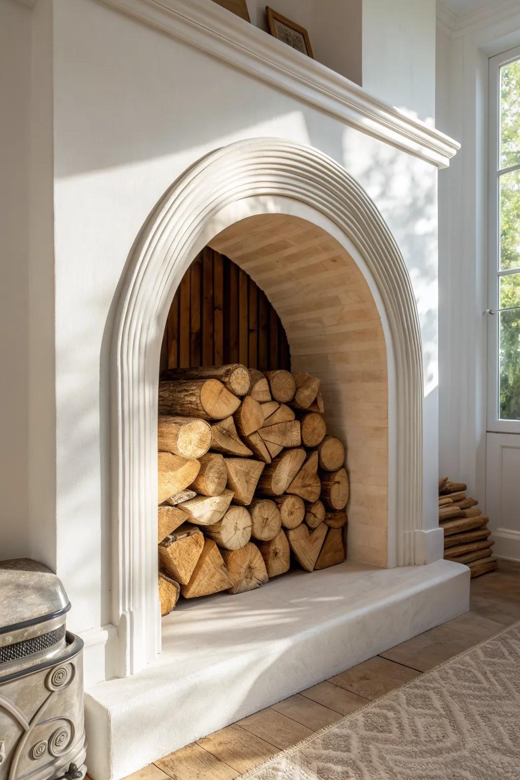 A curved log niche adds warmth and repeat-arch charm—stacked firewood becomes instant decor.