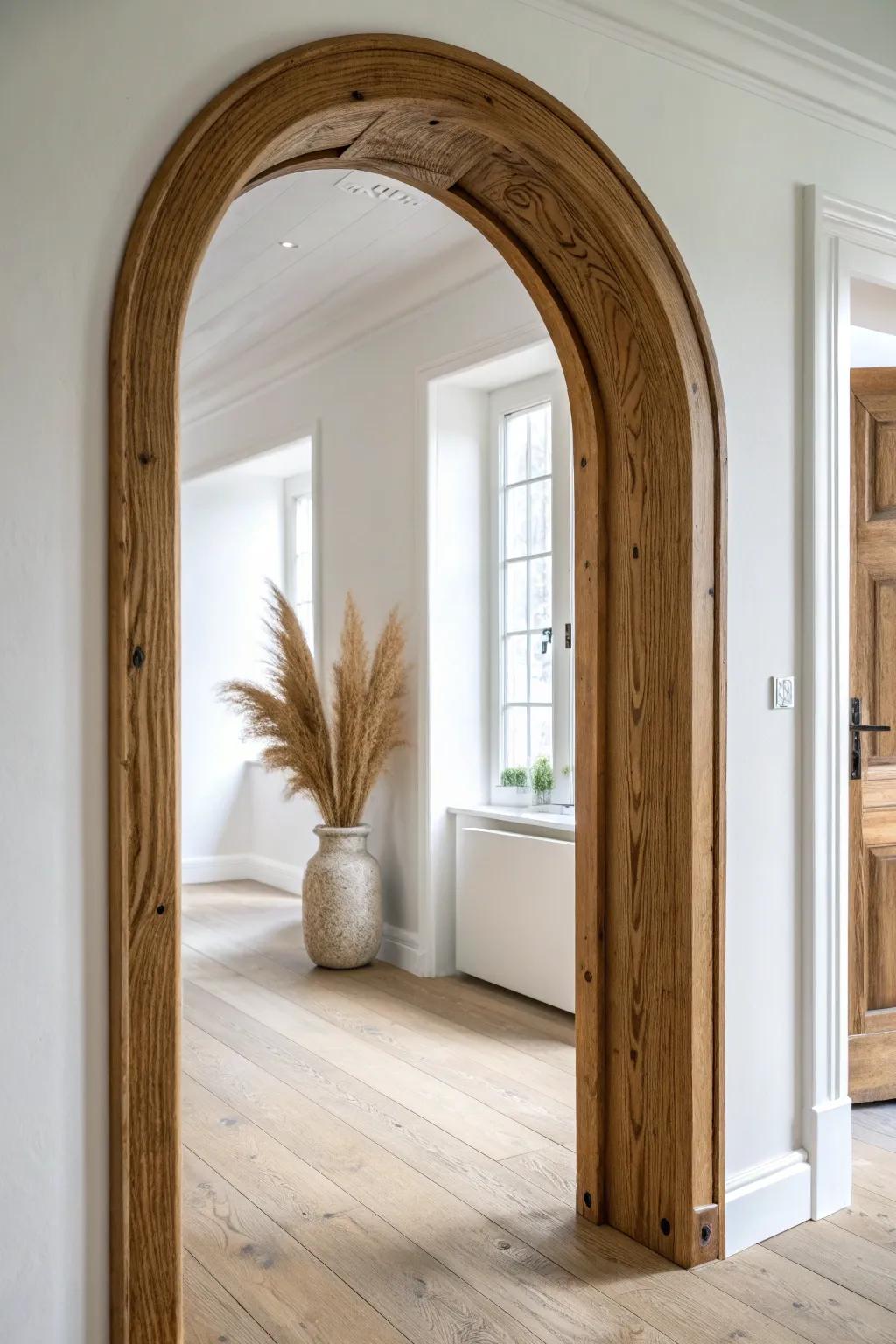 A warm natural stain lets reclaimed wood grain shine, turning an archway into a quiet statement.