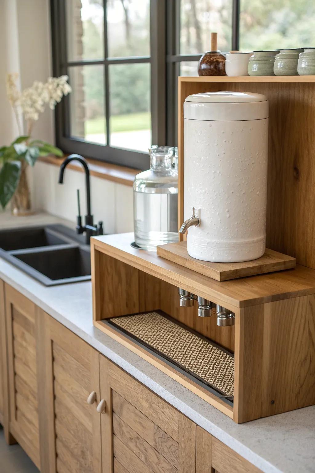 Dedicated water shelf with a spill-guard lip—protects your coffee bar wood in style.