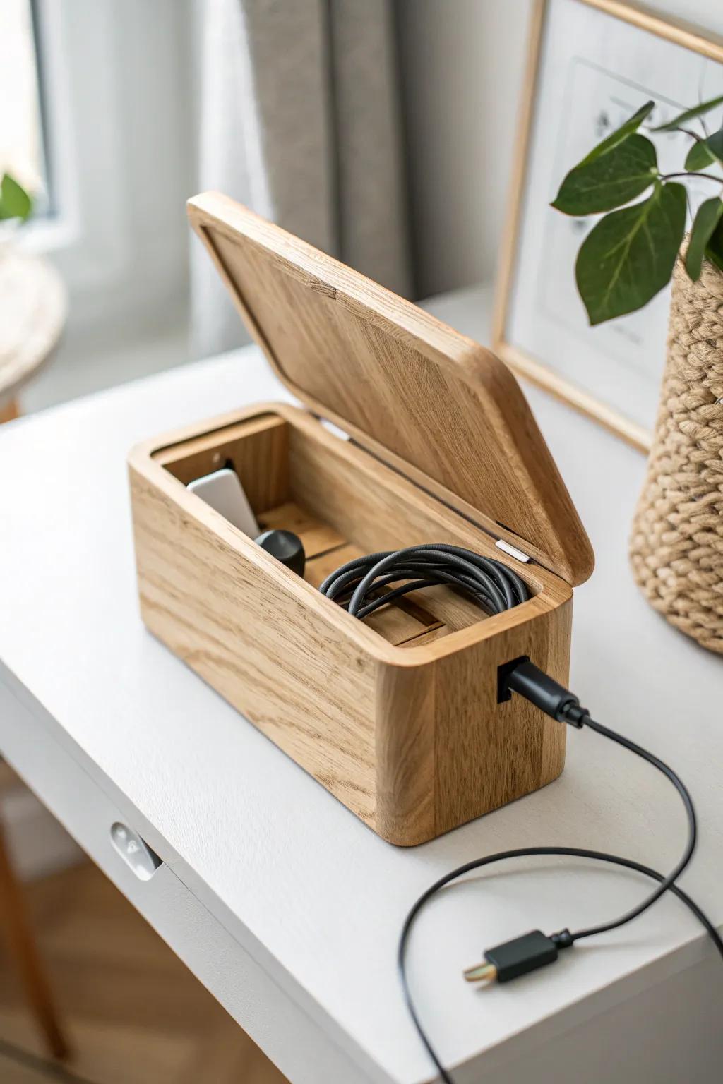 A handcrafted wood charging corner that hides cords—calm, tidy, and ready for creating.