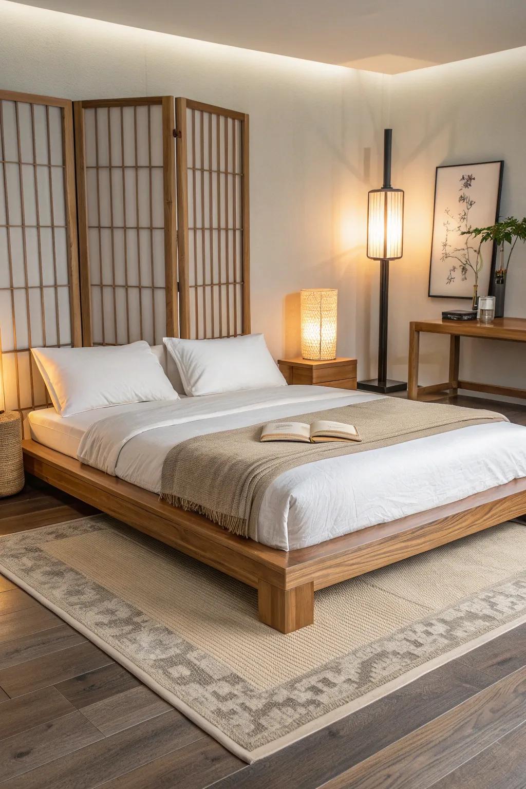 Centered oak platform bed with matching accents—Feng Shui symmetry for a calmer Asian bedroom.