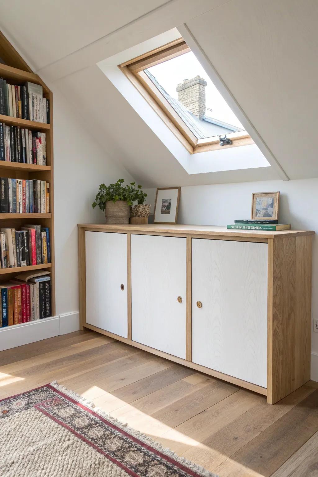 Clean under-eaves cabinet doors hide attic clutter—simple plywood fronts with crisp edge banding.