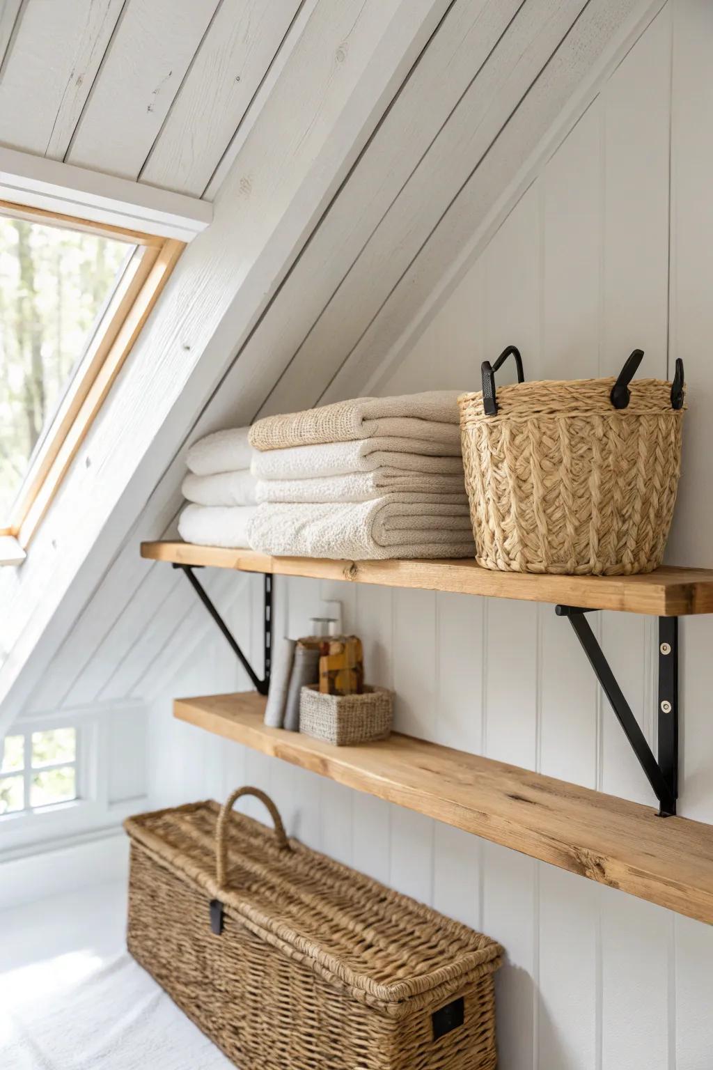 Bridge shelf across attic rafters—clean oak, black brackets, and calm boho storage.