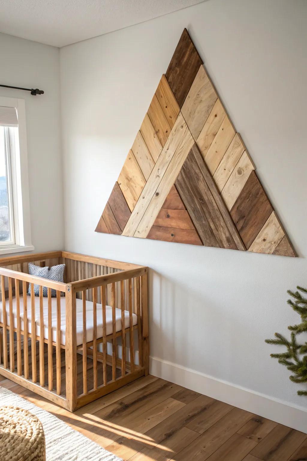 Reclaimed wood mountain panel brings warm cabin magic and modern contrast behind the crib.