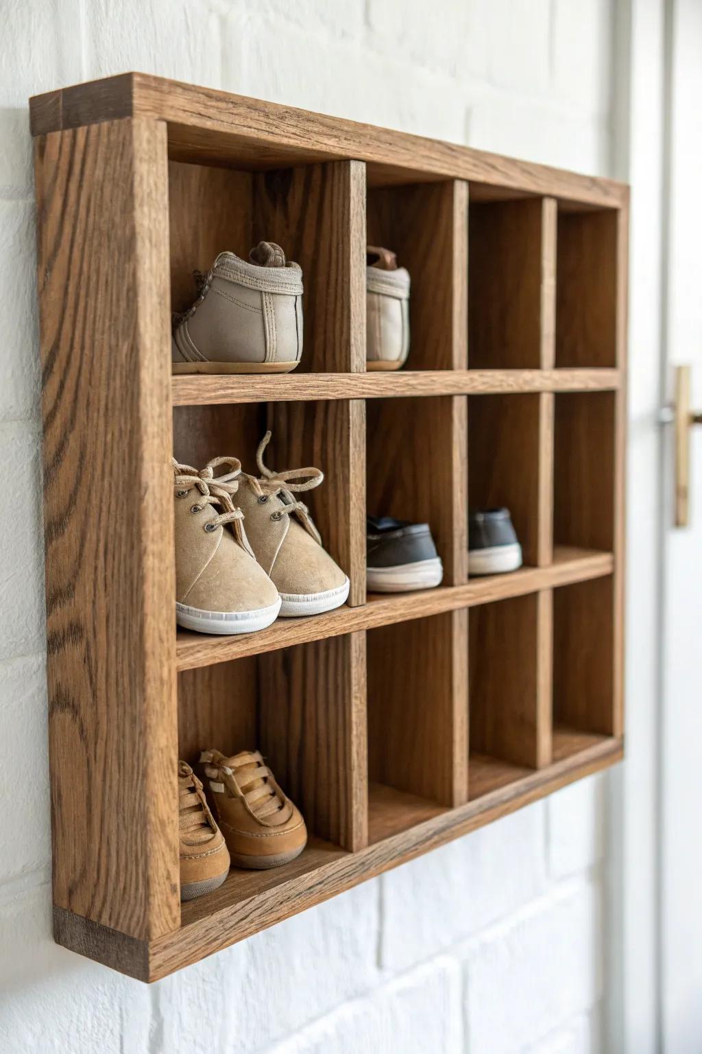A shadow box grid that turns tiny baby shoes into minimalist wall art with warm wood grain.