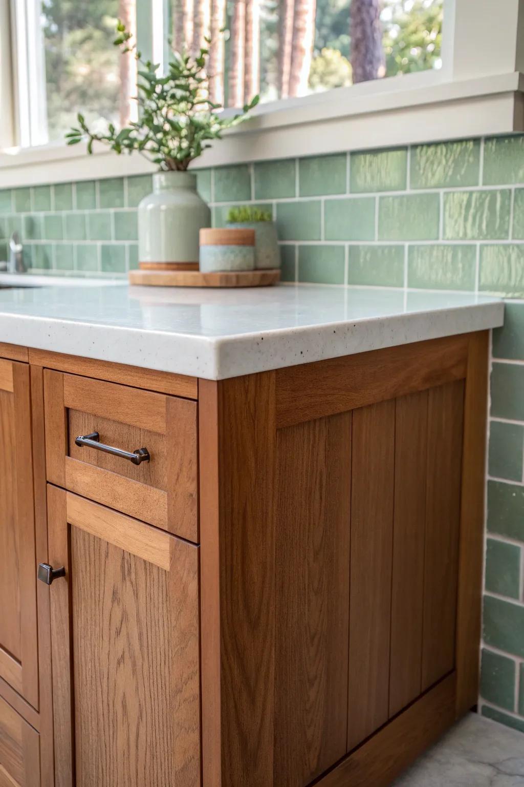 Sage green vertical stack tile brings a fresh, timeless lift to warm cherry cabinets.