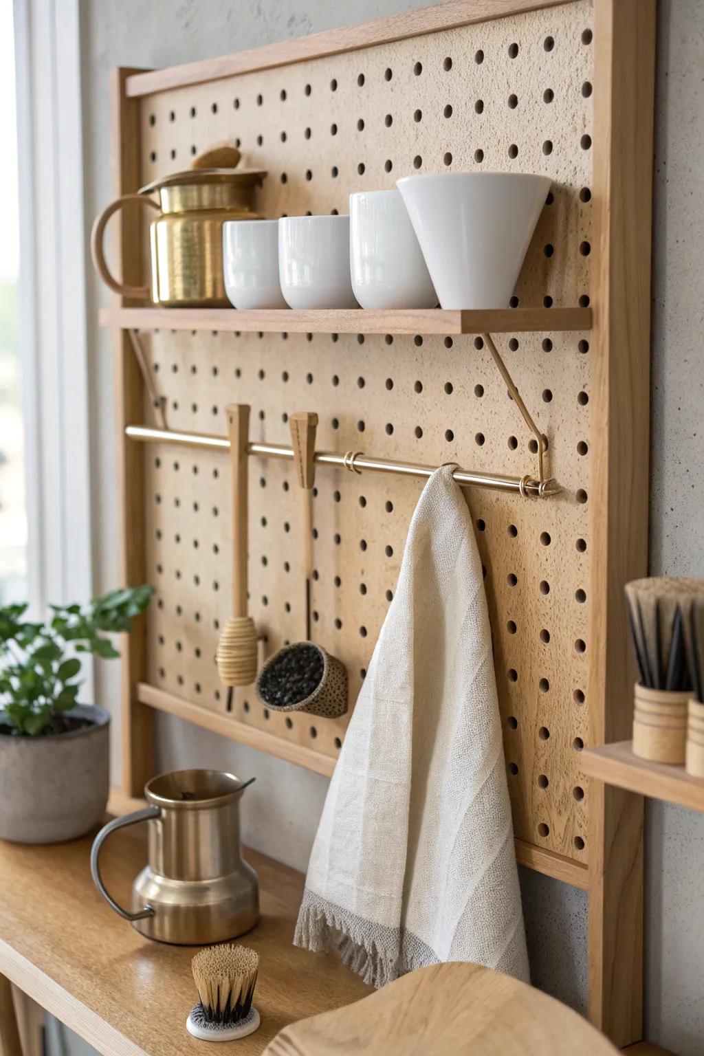 A pegboard side panel keeps coffee tools tidy, visible, and beautifully styled on your rack.