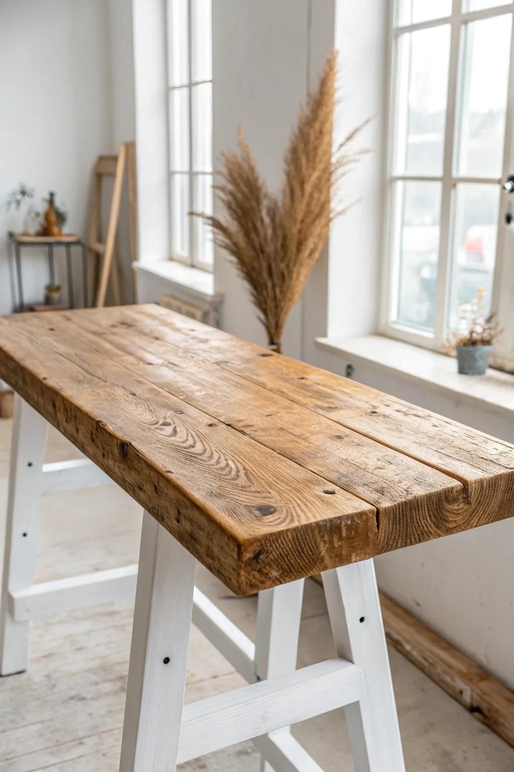 Hand-scraped pine bar top: timeworn grooves, softened edges, and warm matte glow.