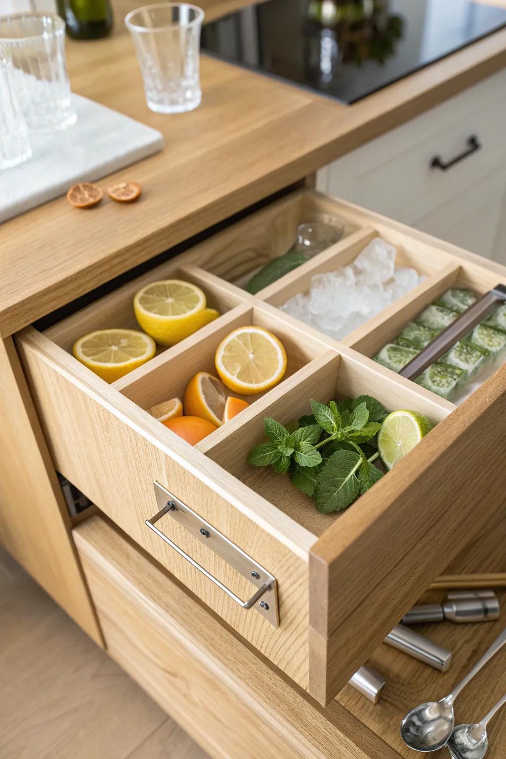 Built-in ice & garnish drawer: tidy wooden dividers keep every mixology essential in reach.