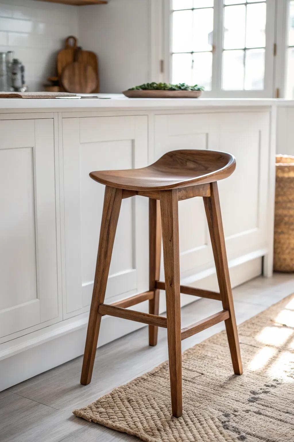 Mixed wood bar stool in honey + walnut tones—warm contrast that feels intentional in a white kitchen.