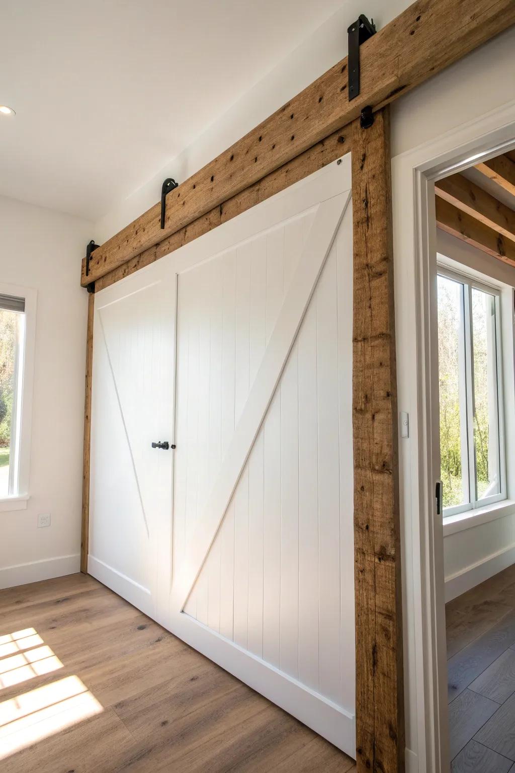 A reclaimed barn beam cover hides the track for a clean, rustic sliding door look.
