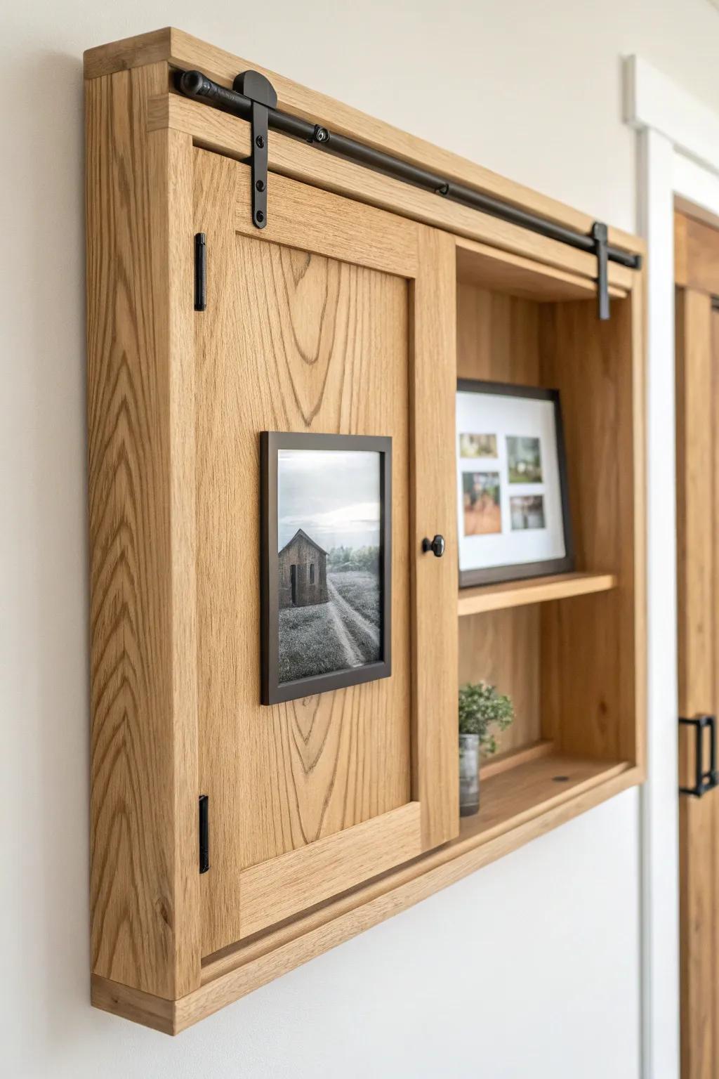 A secret-photo shadowbox with tiny sliding barn doors—rustic charm in a minimalist frame.