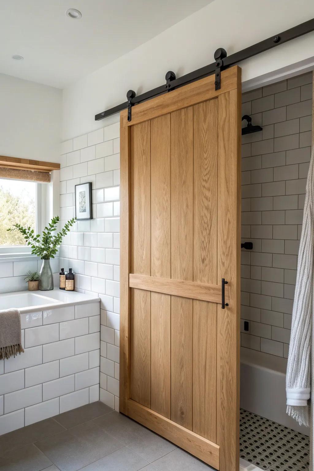 A barn door track aligned with a recessed shower niche for a clean, built-in look.