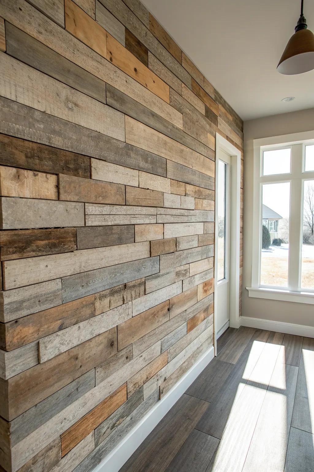 Layered barn wood boards add sculptural depth—simple stacking, rich shadows, custom millwork feel.