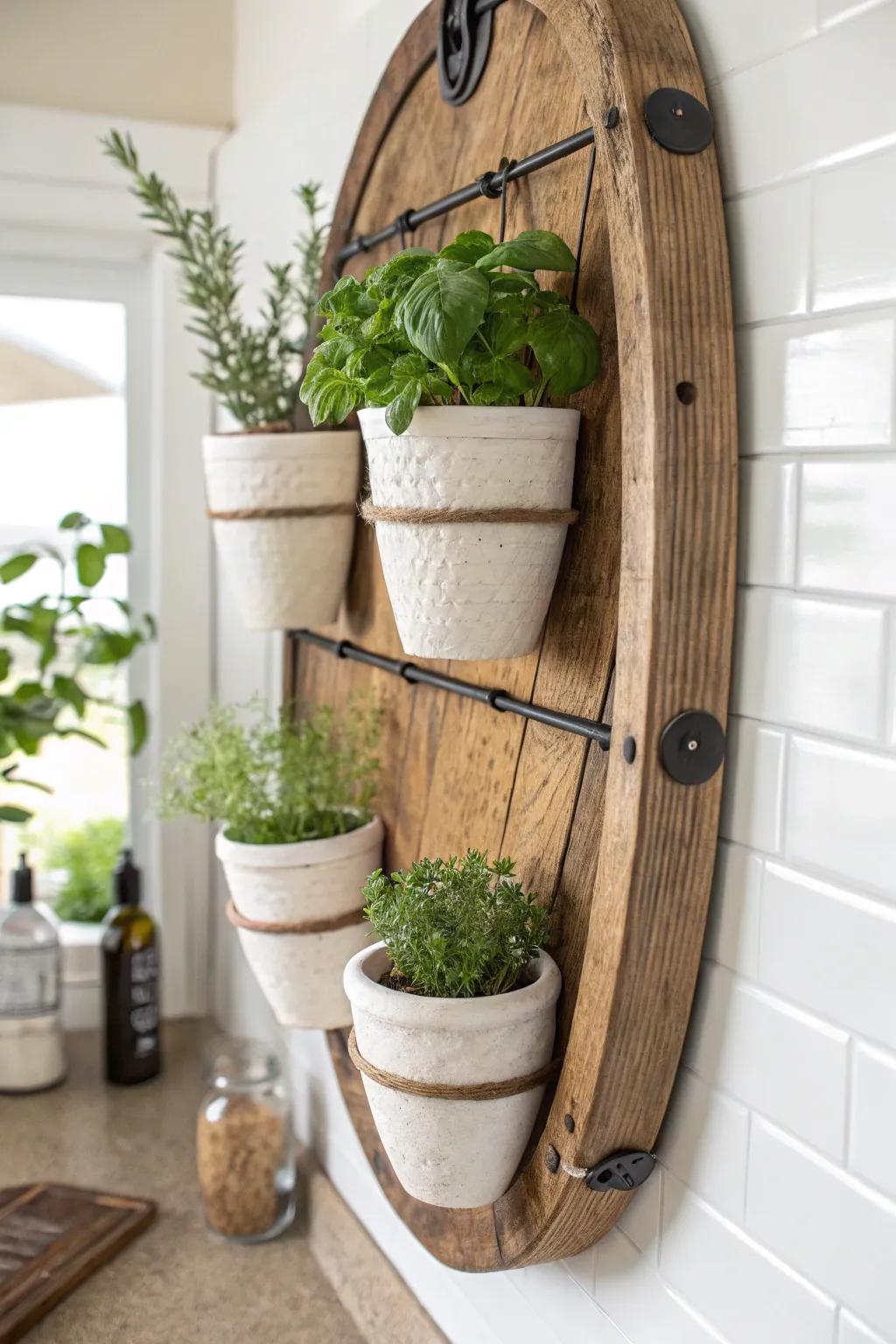 Upcycled barrel-stave herb rail—simple, sculptural storage with fresh kitchen greens.