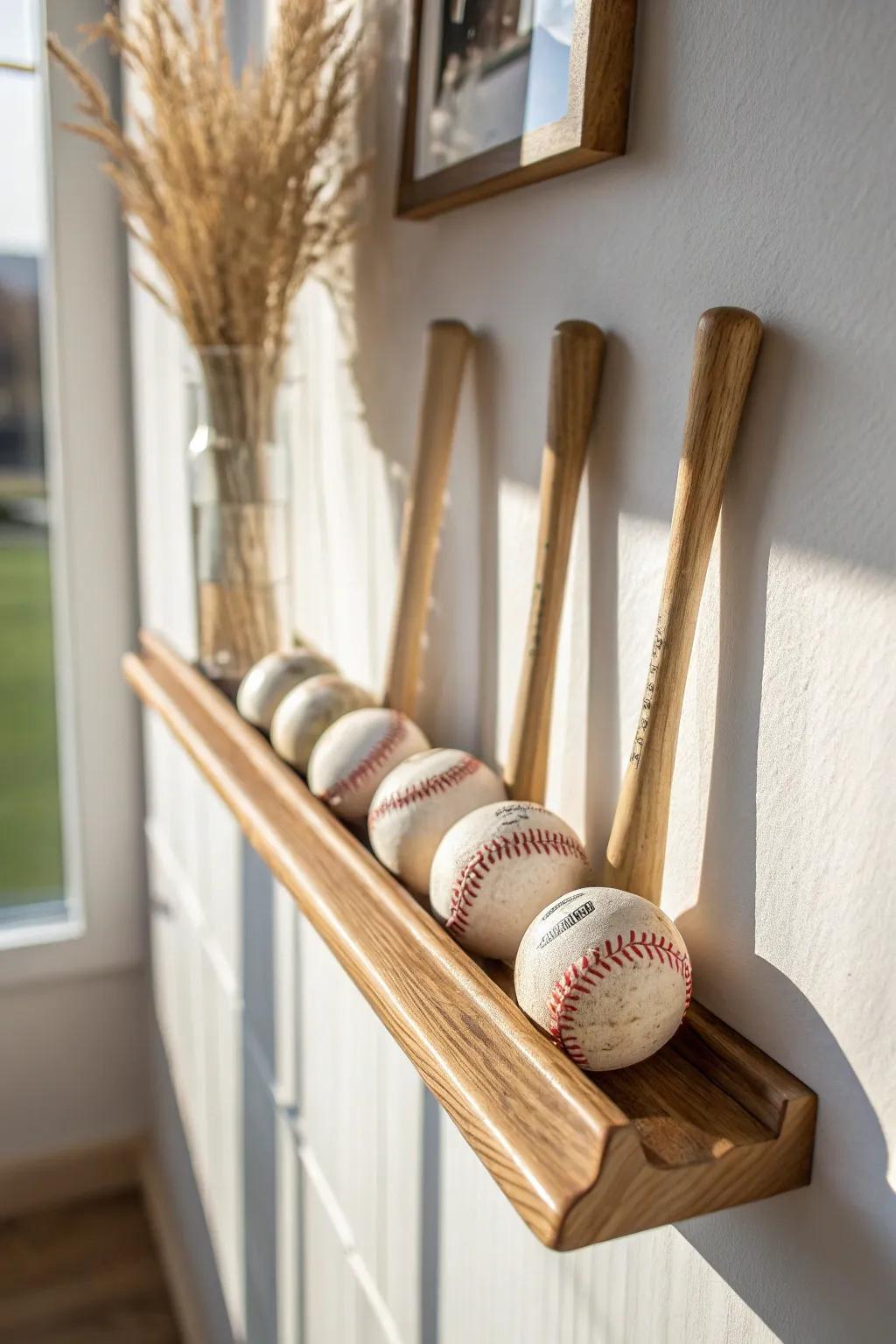 Mini bat trophy strip in light oak, topped with baseballs—minimal, playful, and handcrafted.