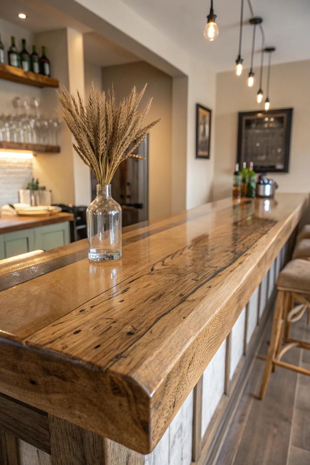 Rustic wood sealed under crystal-clear epoxy—glass-like shine with maximum bar-top protection.